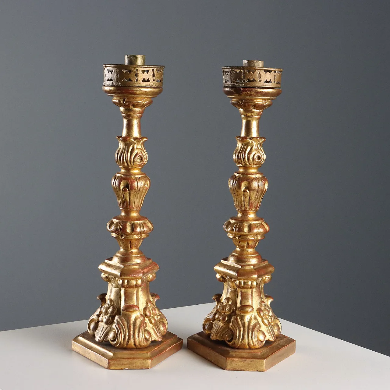 Pair of turned, carved, and gilded wooden torch holders, 20th century 8
