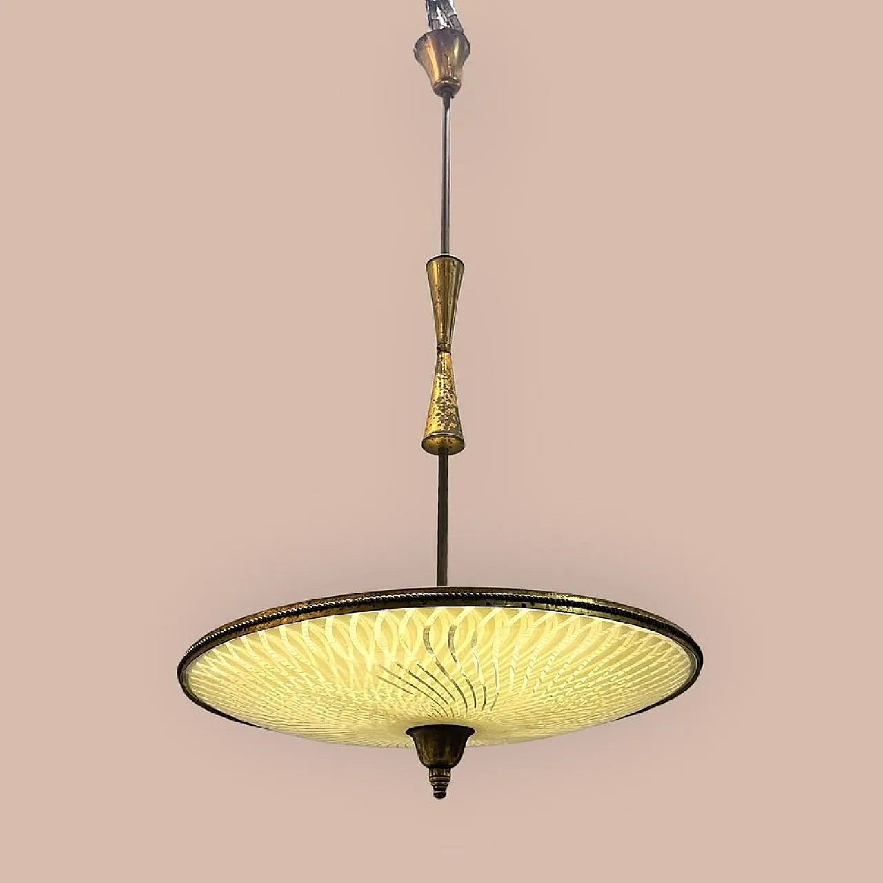 Lampada a sospensione vintage in bronzo e vetro, anni '50 9