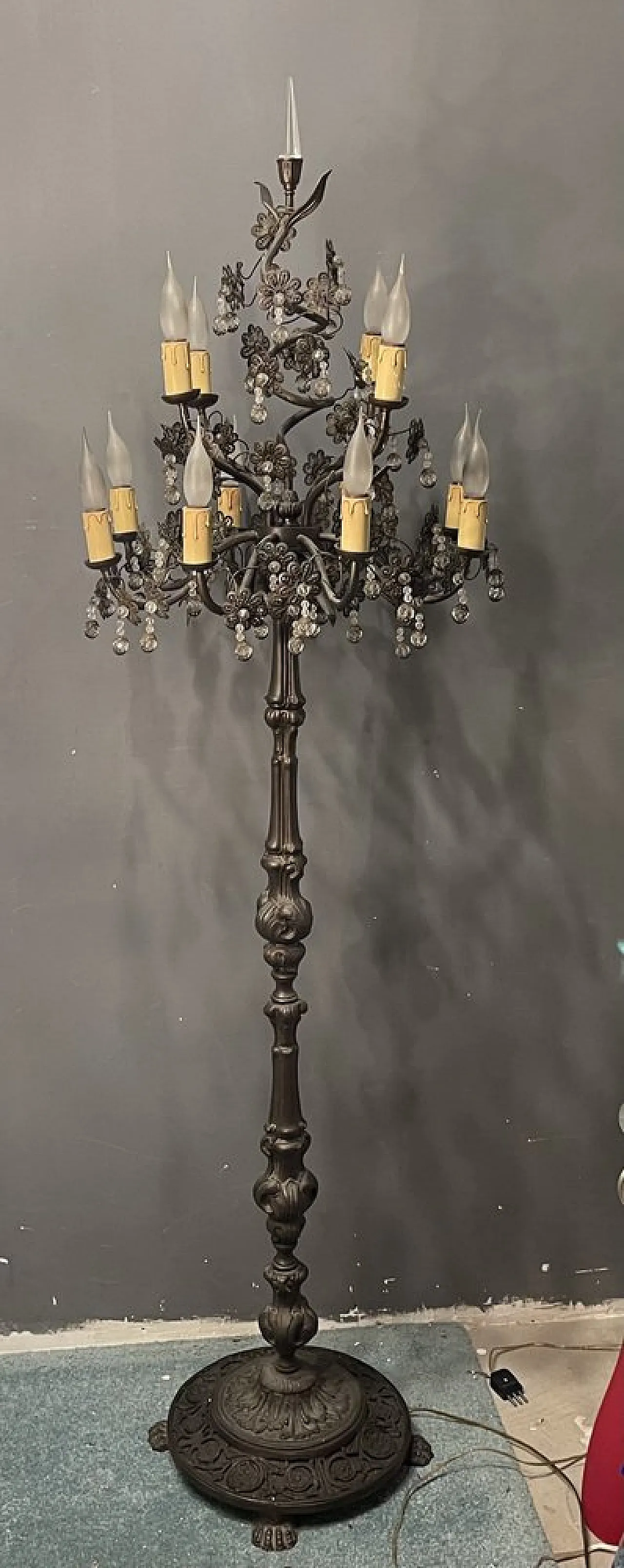 Flower floor lamp in bronze and crystal, Italy, 1950s 1