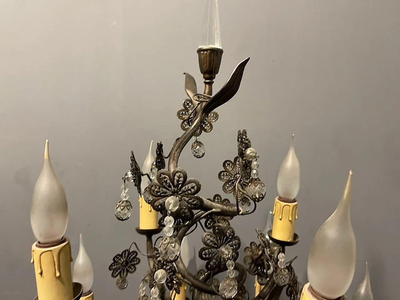 Flower floor lamp in bronze and crystal, Italy, 1950s 7