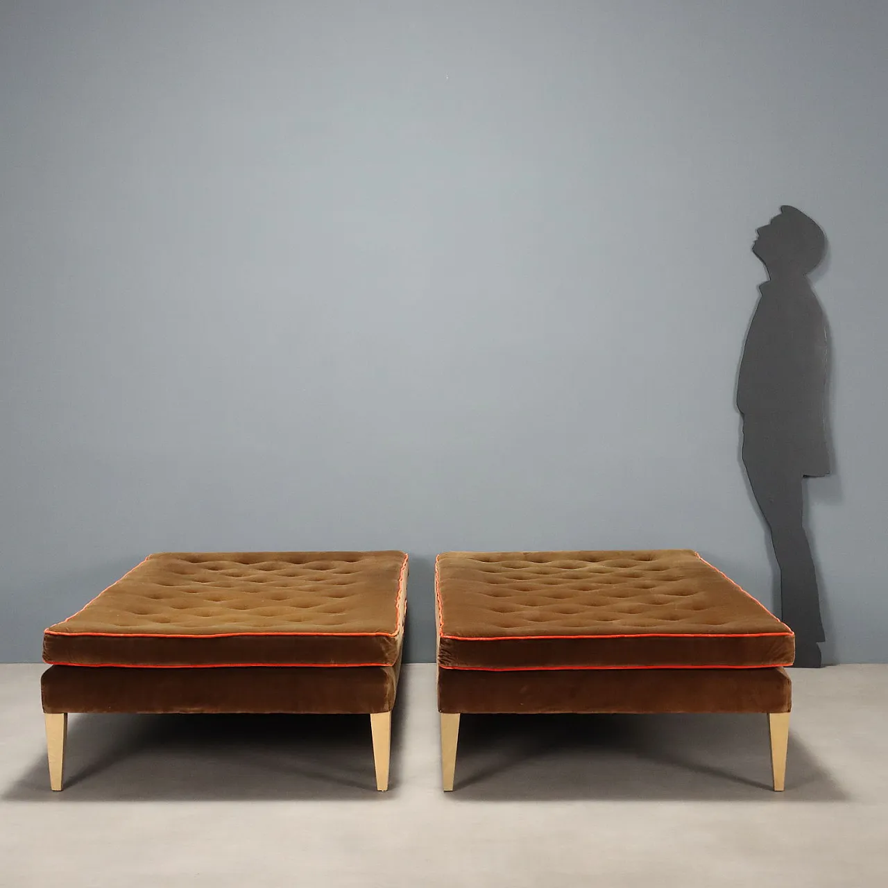 Pair of velvet, tufted and beech poufs by William Yeoward,20th century 2