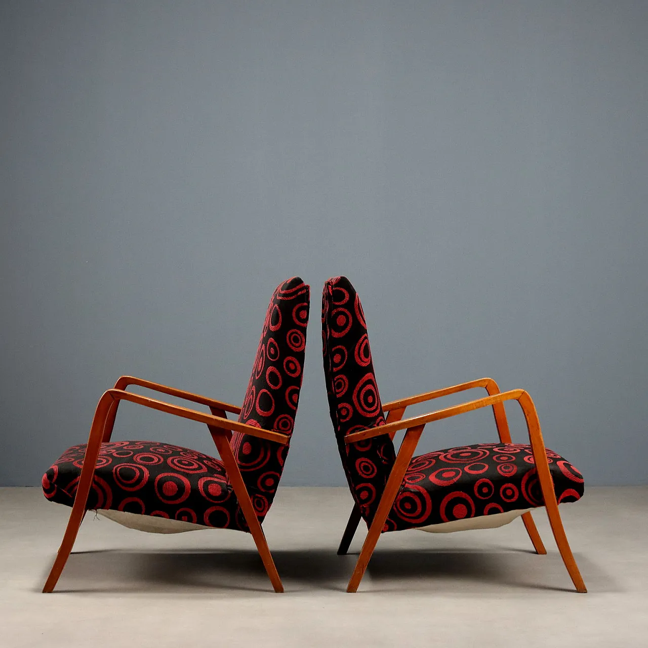 Coppia di poltrone in legno di faggio e tessuto, '900 3