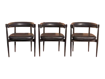 3 sedie in legno e similpelle nera, anni '60