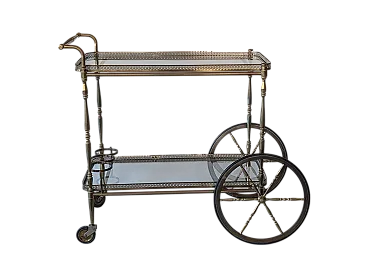 Carrello bar in ottone con doppio ripiano in vetro, anni '60