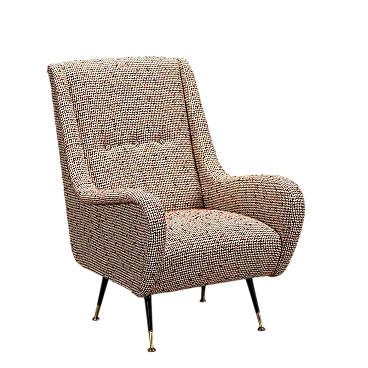 Poltrona in espanso, tessuto, metallo e ottone, '900