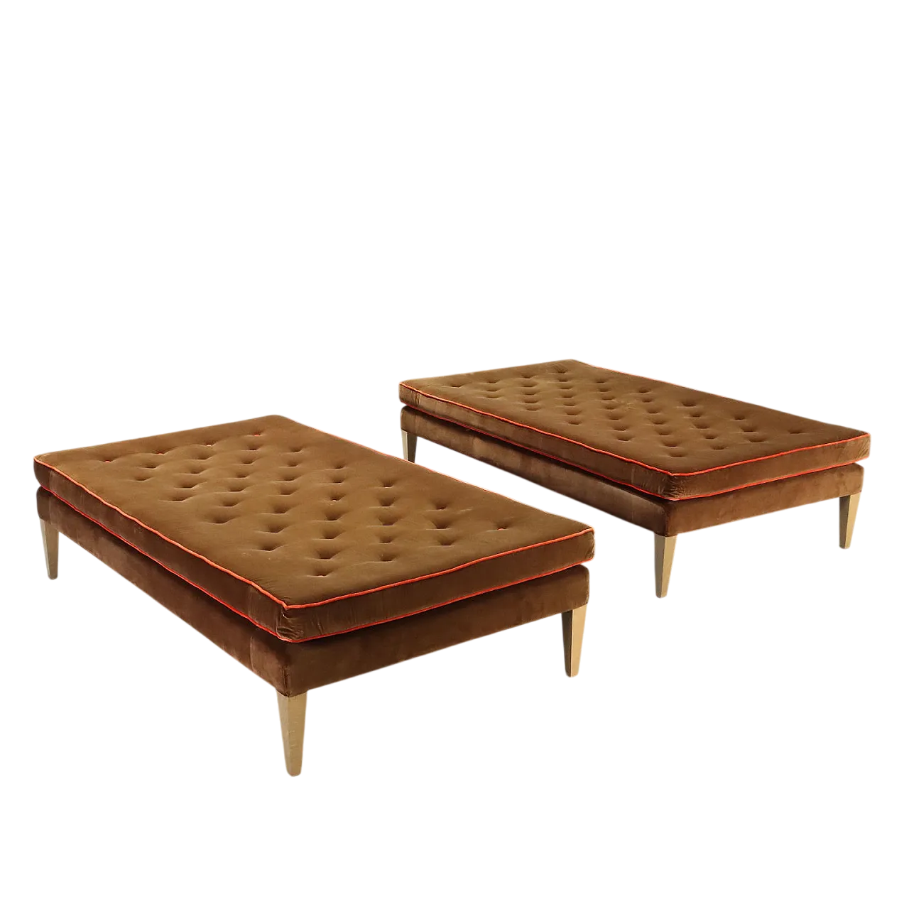 Pair of velvet, tufted and beech poufs by William Yeoward,20th century 10