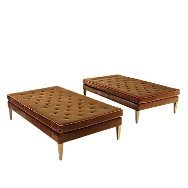 Pair of velvet, tufted and beech poufs by William Yeoward,20th century