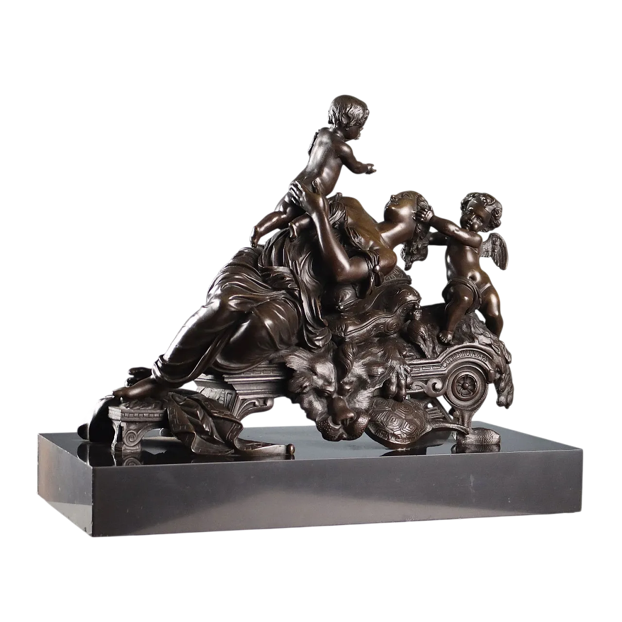 Giovane donna con bambino e amorino in bronzo e marmo, '800 11