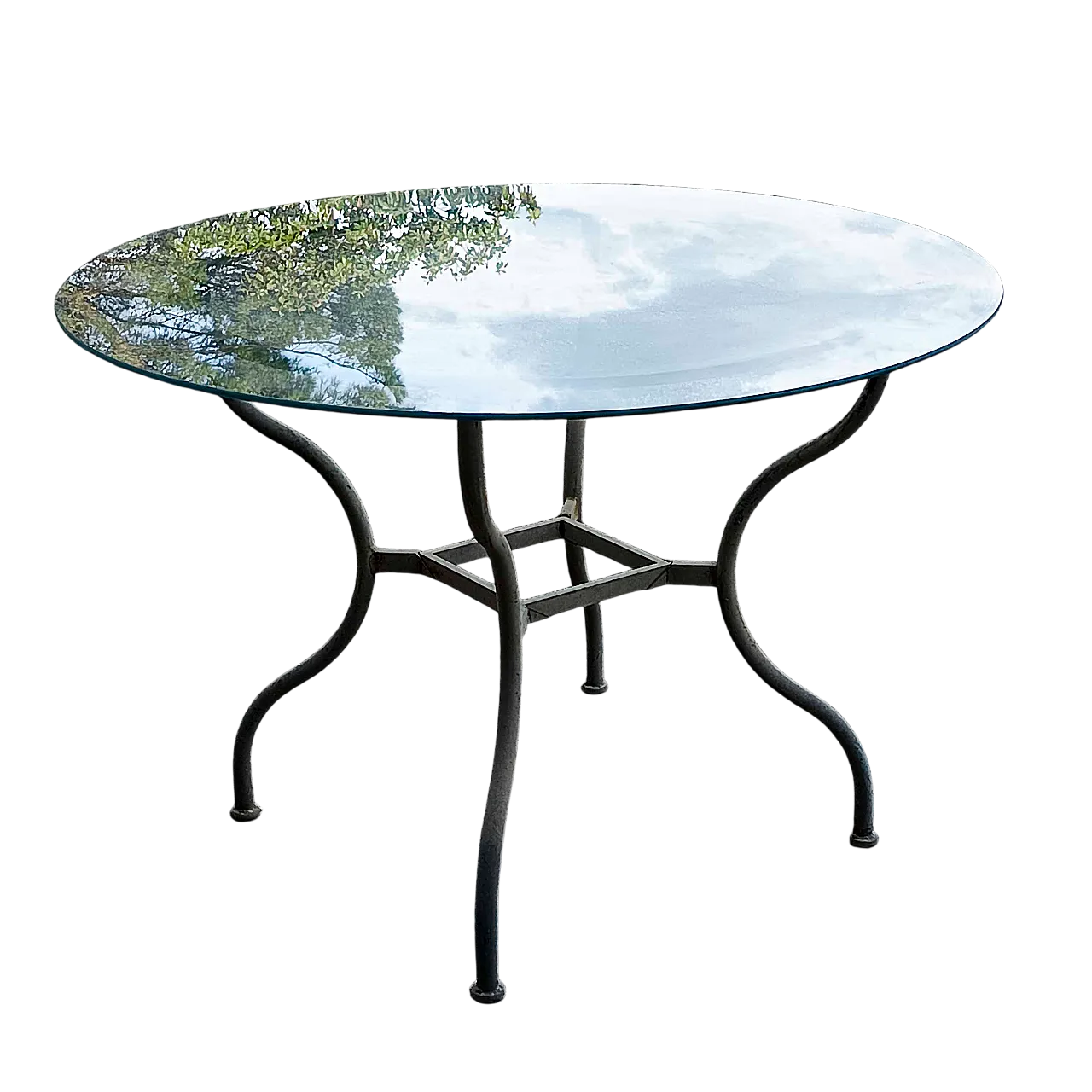 Tavolo in ferro da esterno con piano rotondo in vetro, anni '90 9