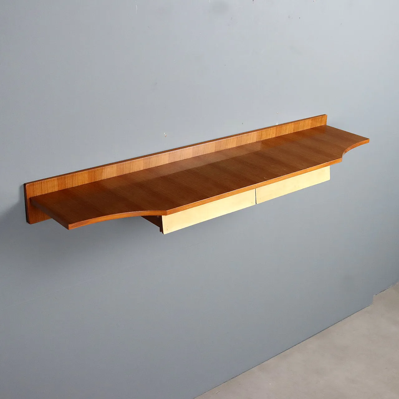 Consolle con impiallacciatura di mogano, pergamena e poliestere, '900 1