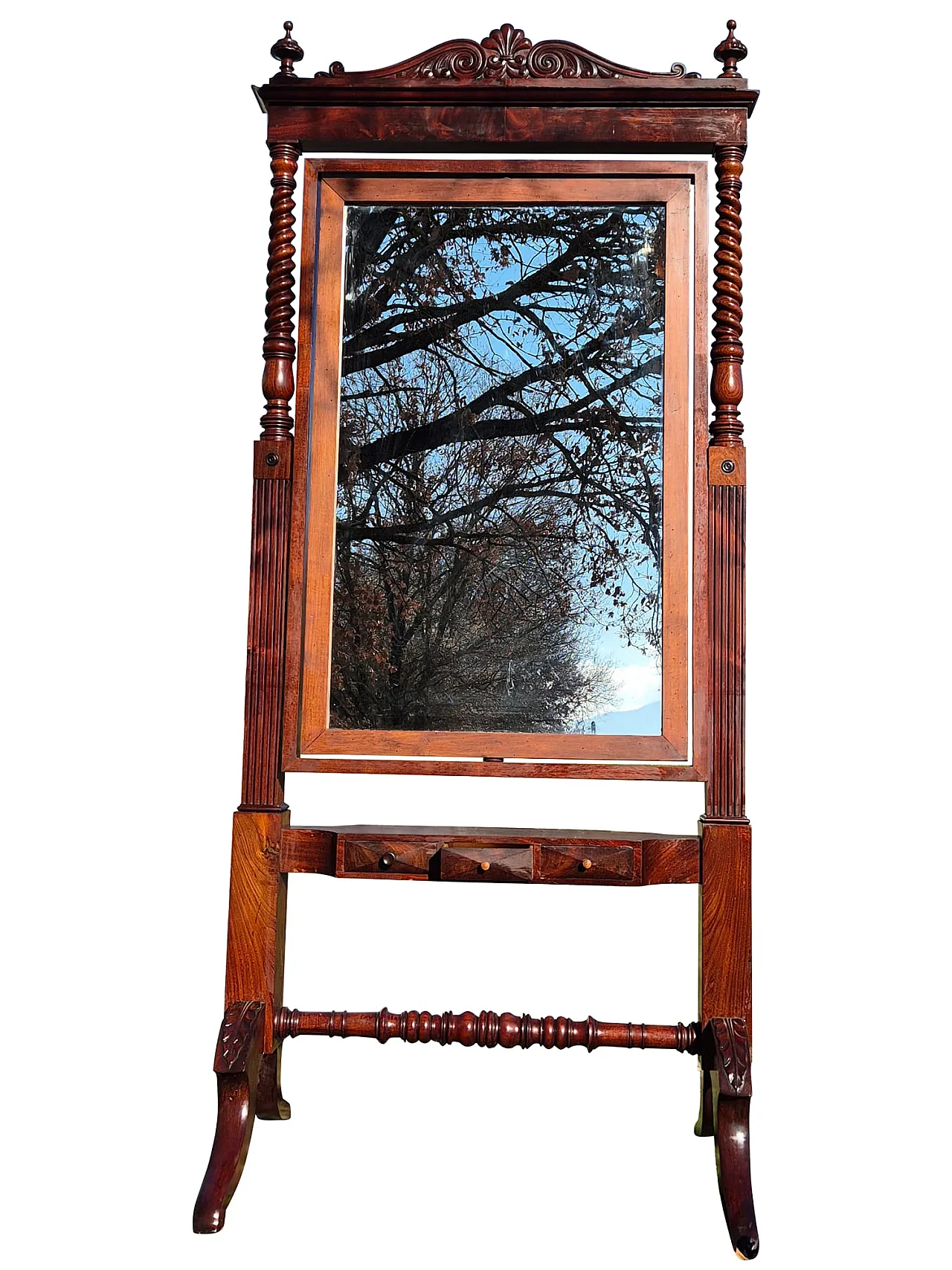 Specchiera basculante da terra in mogano con vetro molato, fine ’800 4