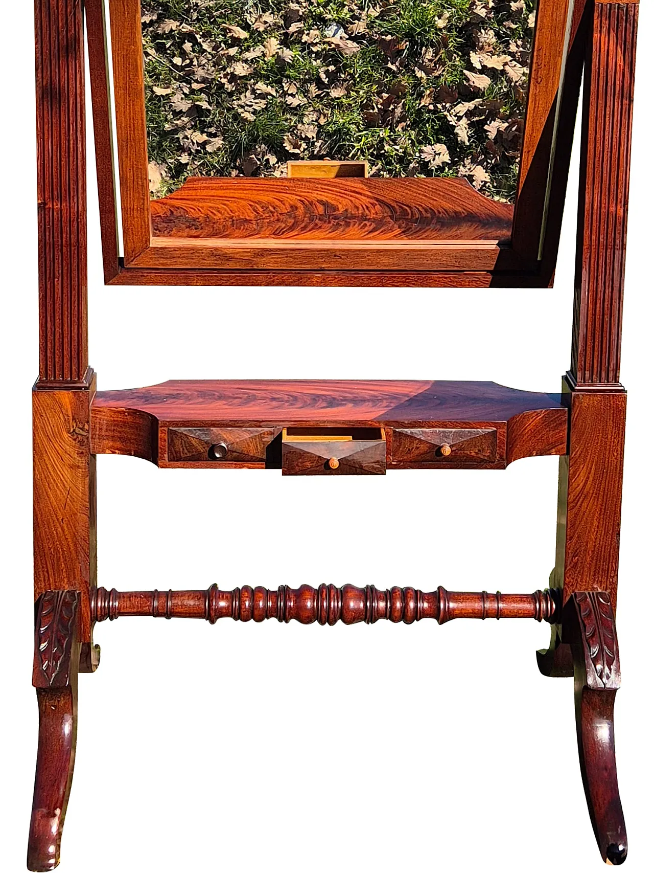 Specchiera basculante da terra in mogano con vetro molato, fine ’800 6