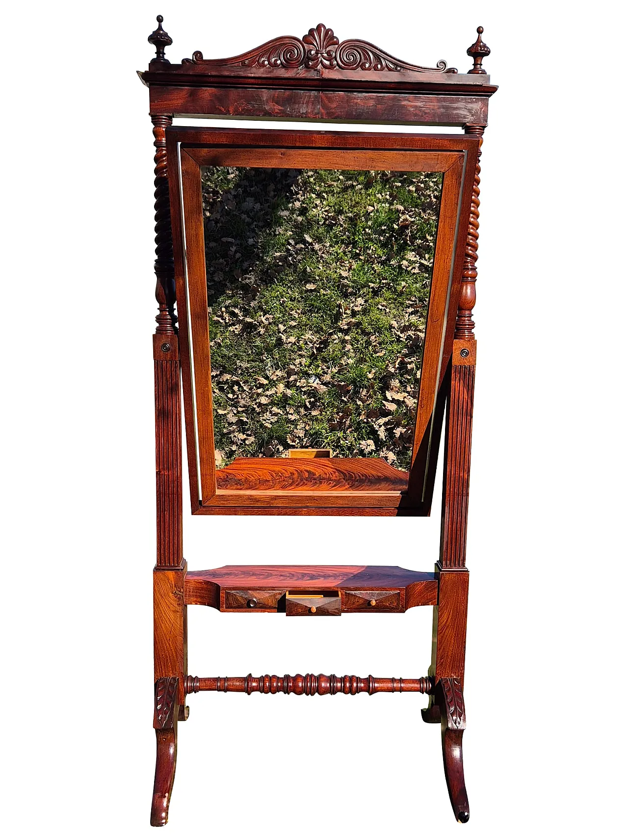 Specchiera basculante da terra in mogano con vetro molato, fine ’800 7
