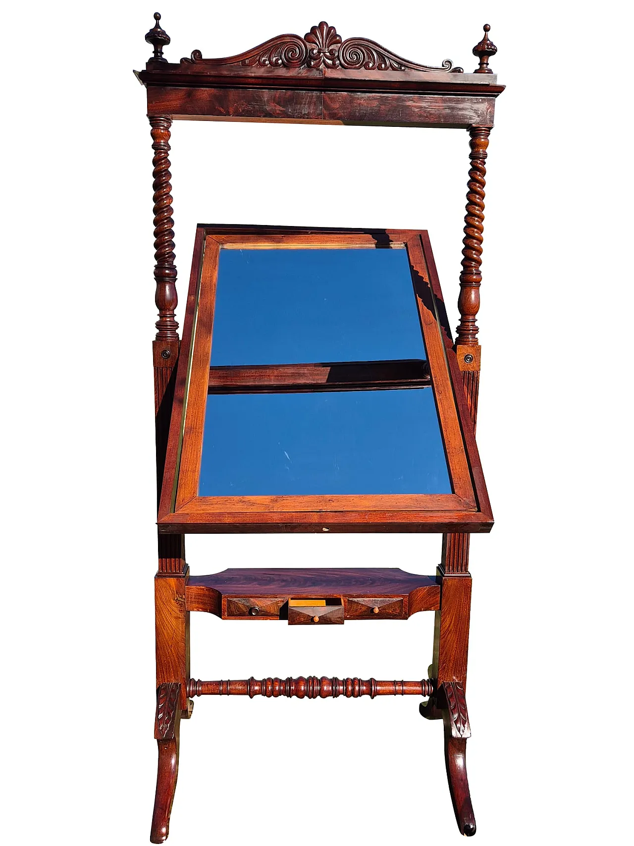 Specchiera basculante da terra in mogano con vetro molato, fine ’800 9
