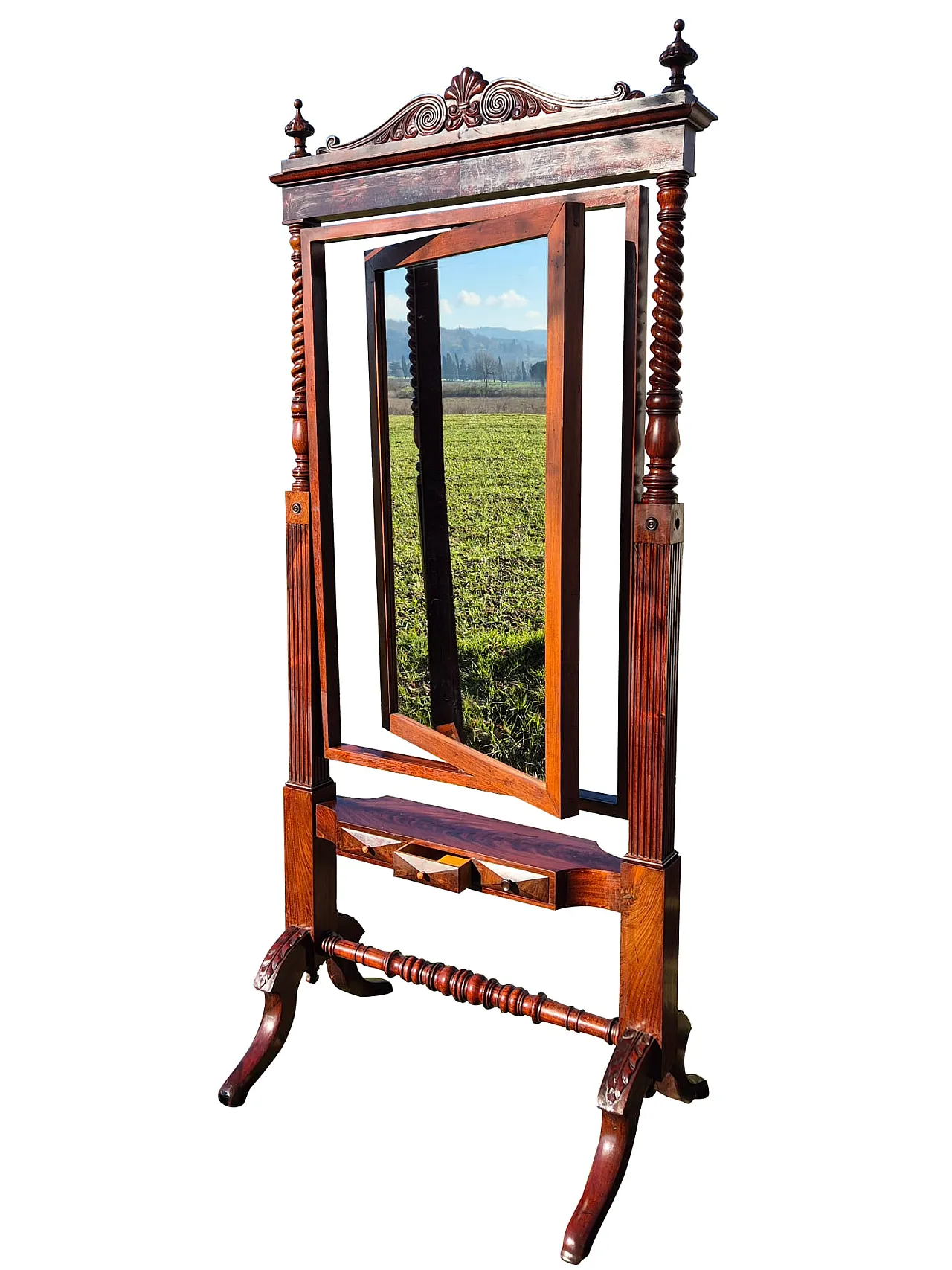 Specchiera basculante da terra in mogano con vetro molato, fine ’800 13