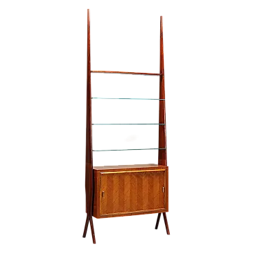 Libreria autoportante in legno esotico, mogano, vetro e ottone, '900