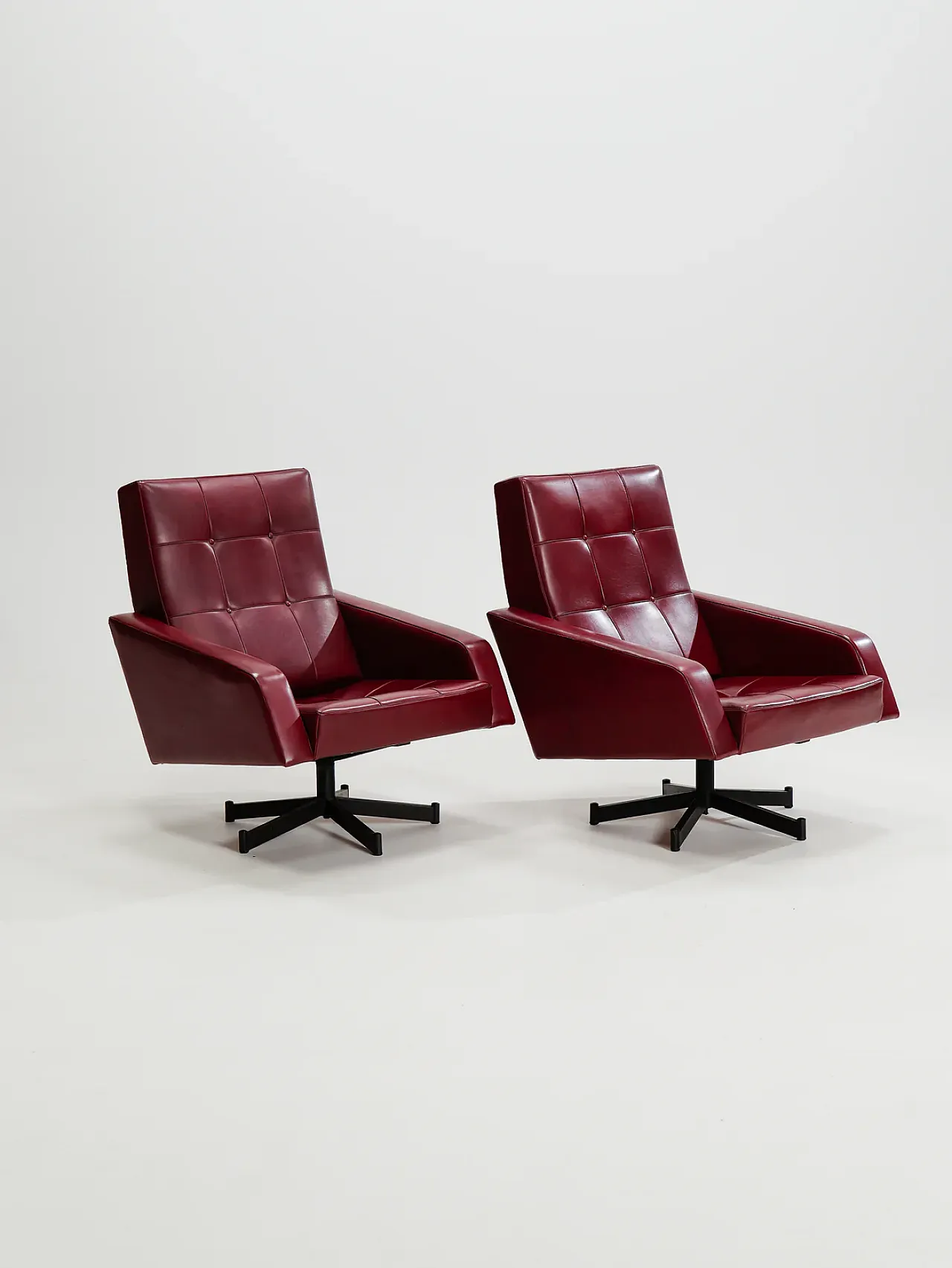 Pair of lounge armchairs burgundy skai rockabilly chairs, 1950s 9