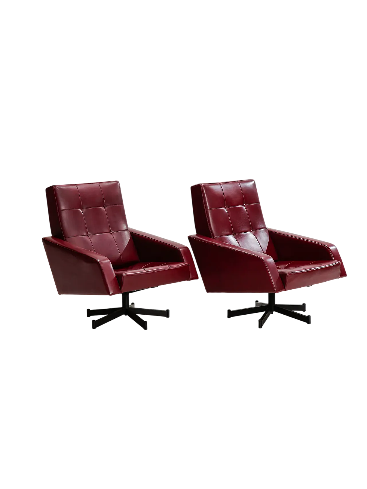 Pair of lounge armchairs burgundy skai rockabilly chairs, 1950s 11