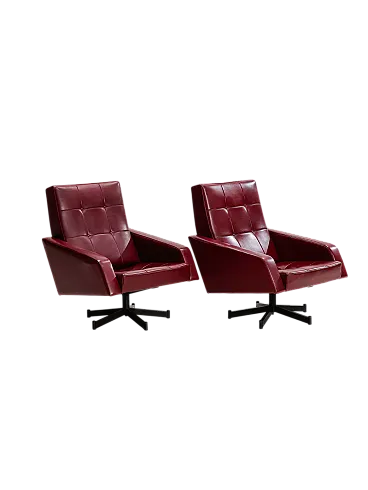 Pair of lounge armchairs burgundy skai rockabilly chairs, 1950s
