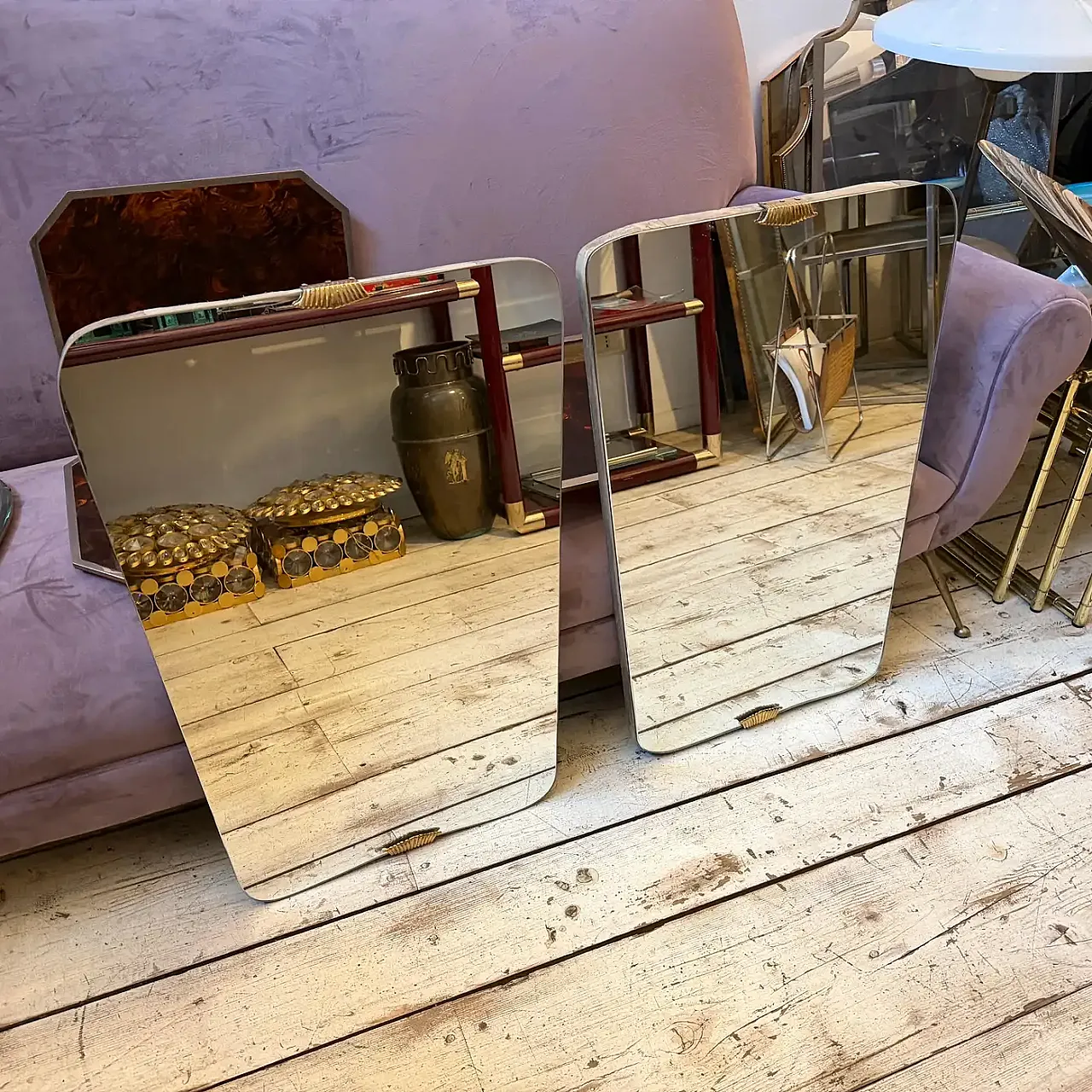 Coppia di specchi da parete in legno e ottone di Gio Ponti, anni '50 2