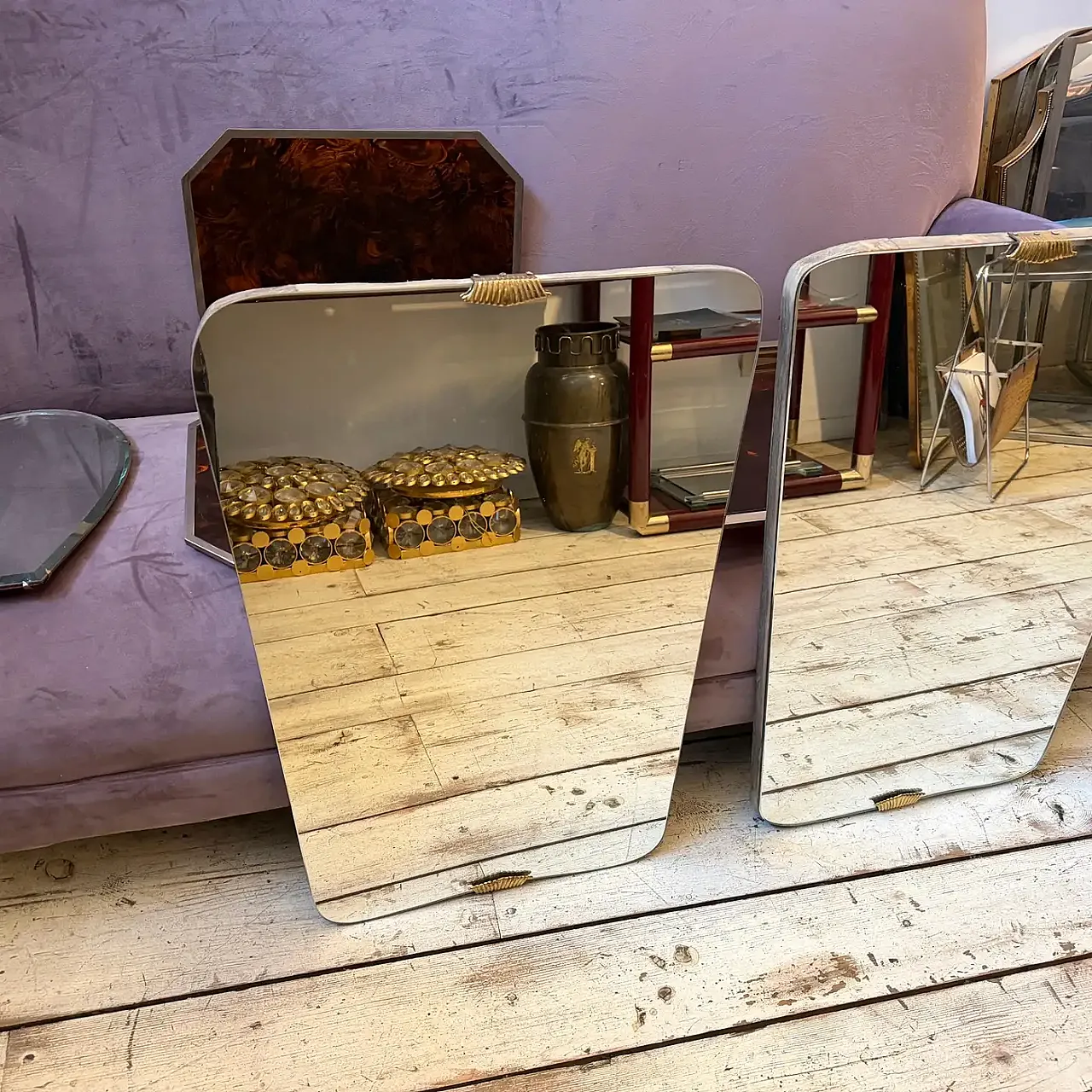 Coppia di specchi da parete in legno e ottone di Gio Ponti, anni '50 4