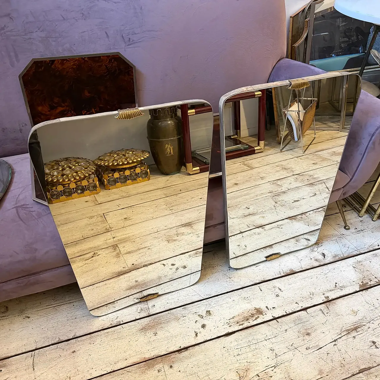 Coppia di specchi da parete in legno e ottone di Gio Ponti, anni '50 10