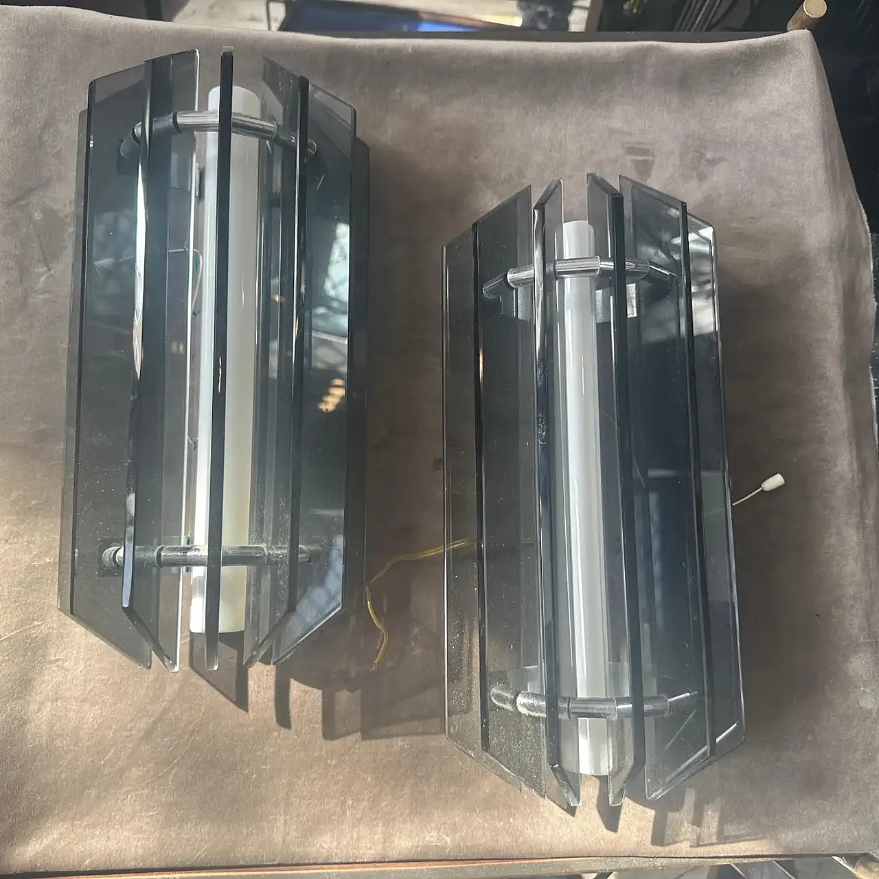 Pair of Space Age gray glass and steel wall sconces by Veca, 1960s 2