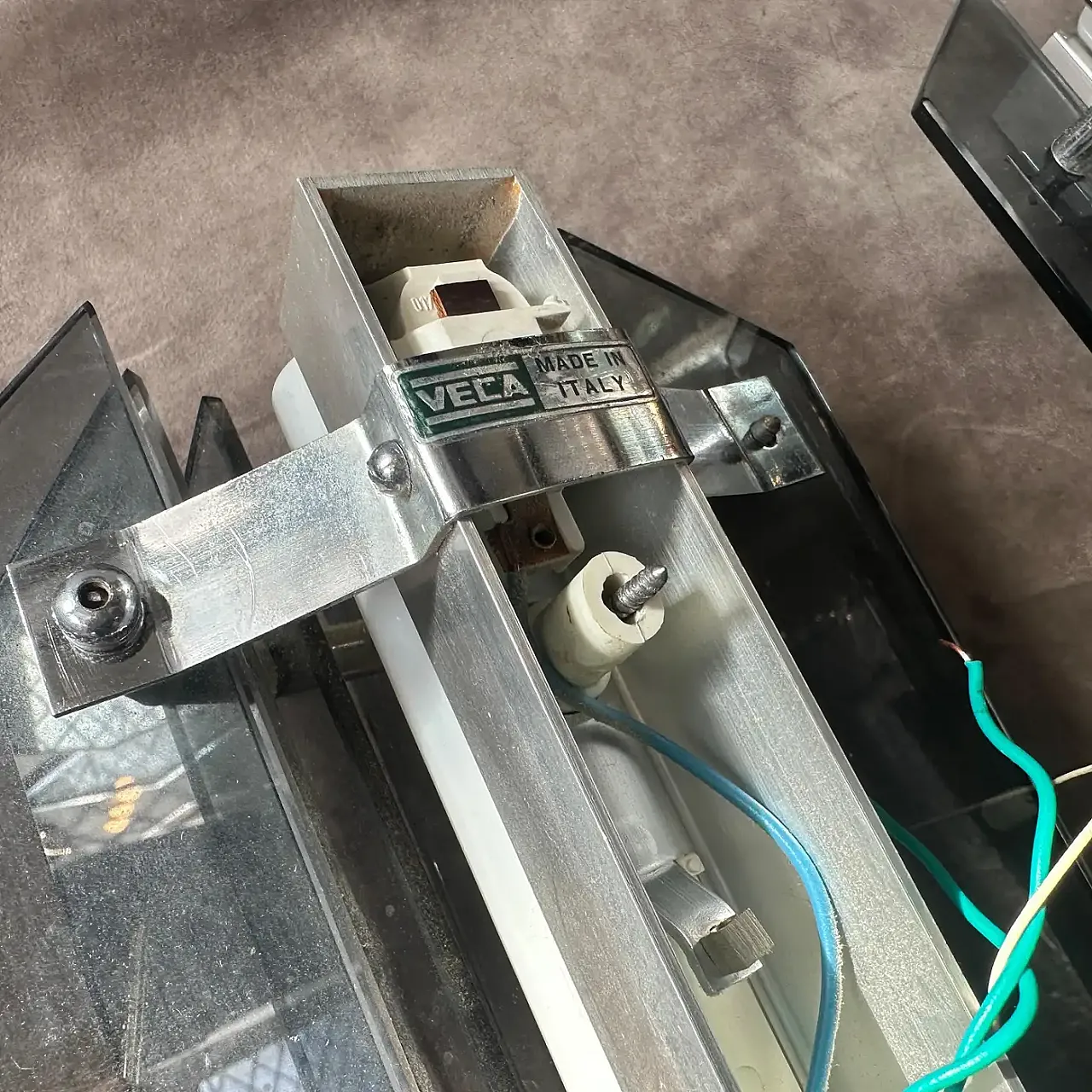 Pair of Space Age gray glass and steel wall sconces by Veca, 1960s 4