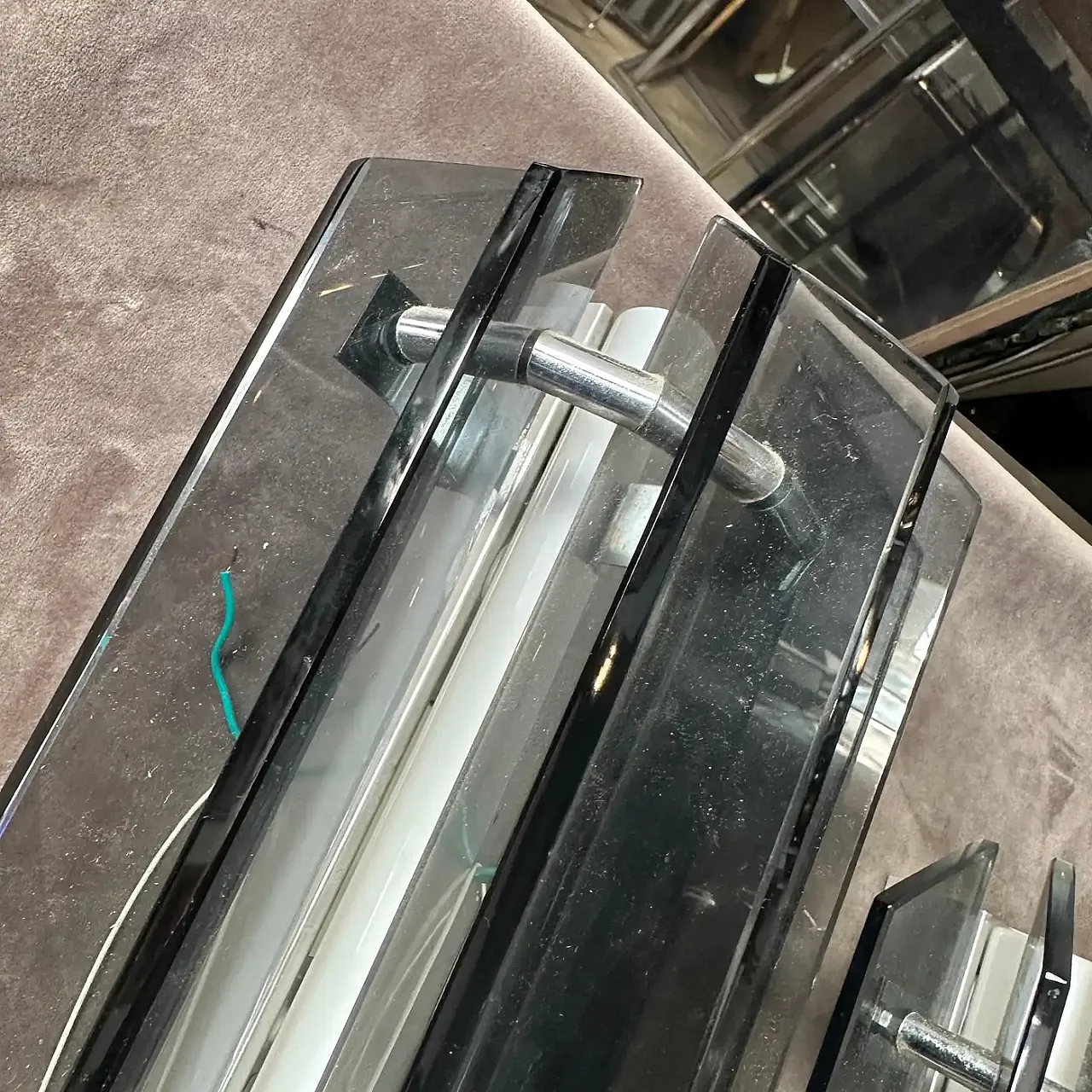 Pair of Space Age gray glass and steel wall sconces by Veca, 1960s 5