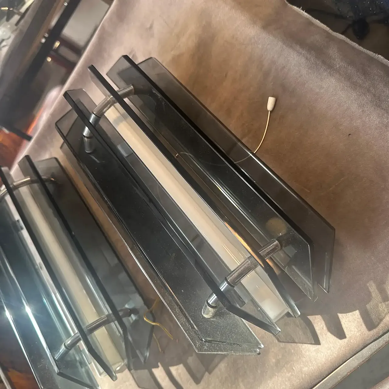 Pair of Space Age gray glass and steel wall sconces by Veca, 1960s 9