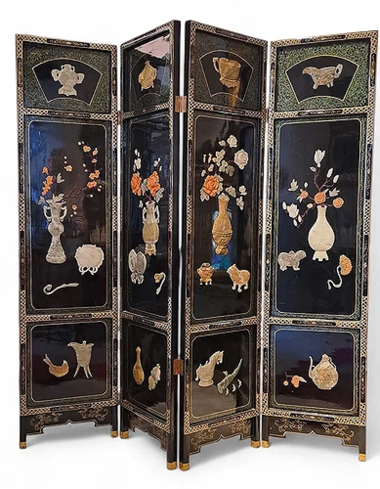 Paravento in lacca nera e intarsi in pietre dure, '900 1