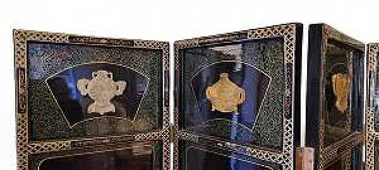 Paravento in lacca nera e intarsi in pietre dure, '900 2