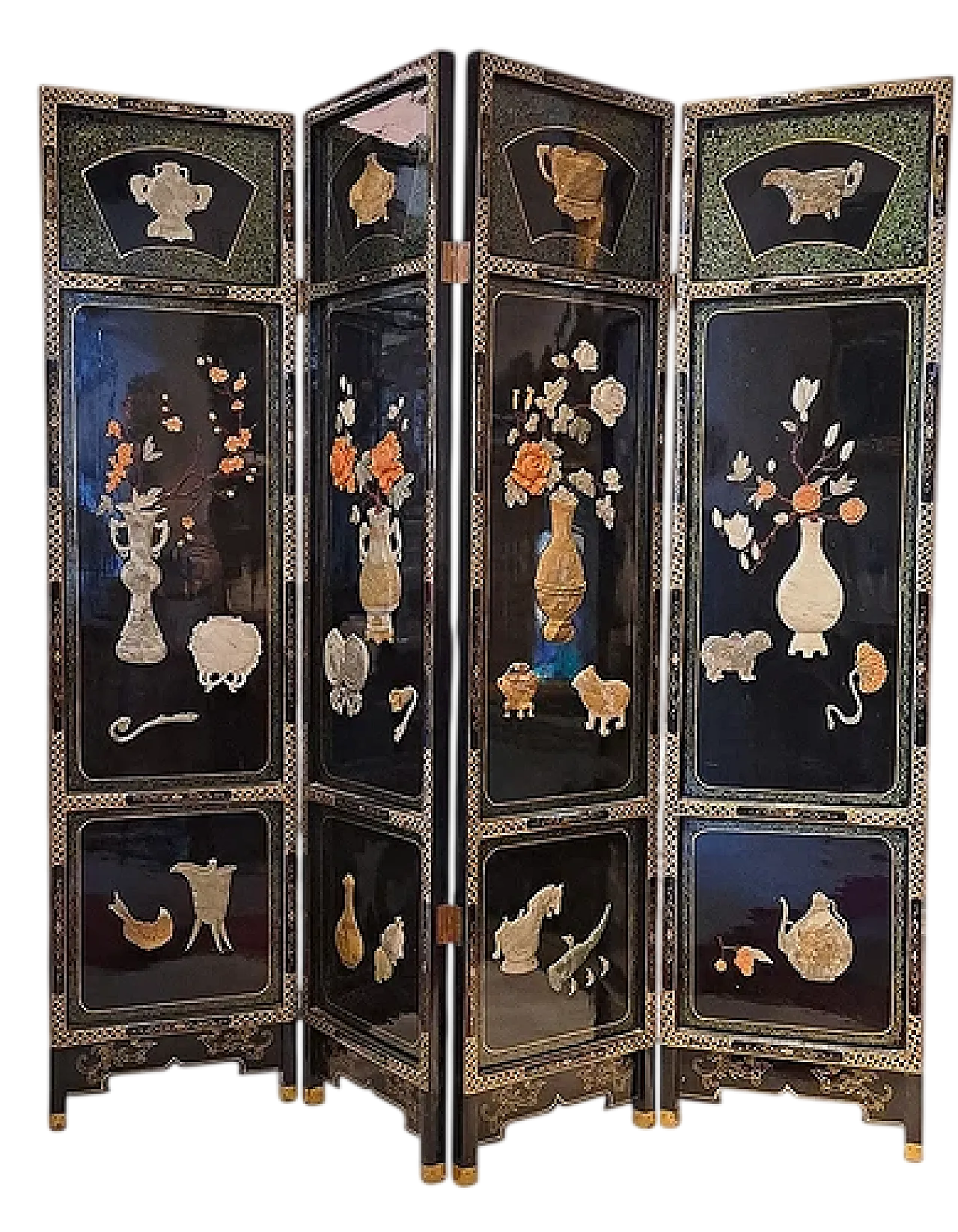 Paravento in lacca nera e intarsi in pietre dure, '900 11