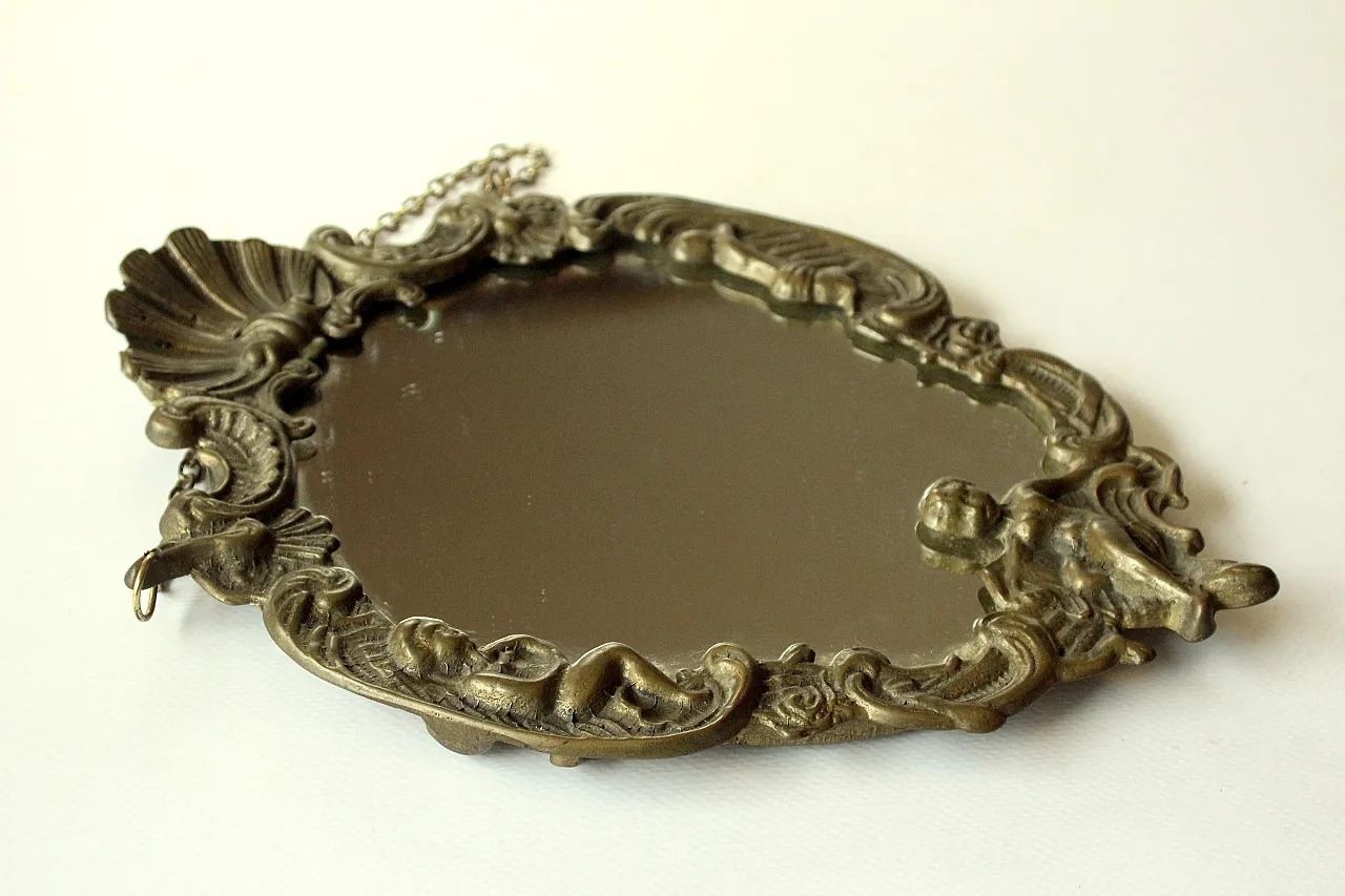 Piccolo specchio da parete in ottone e legno, anni '50 2
