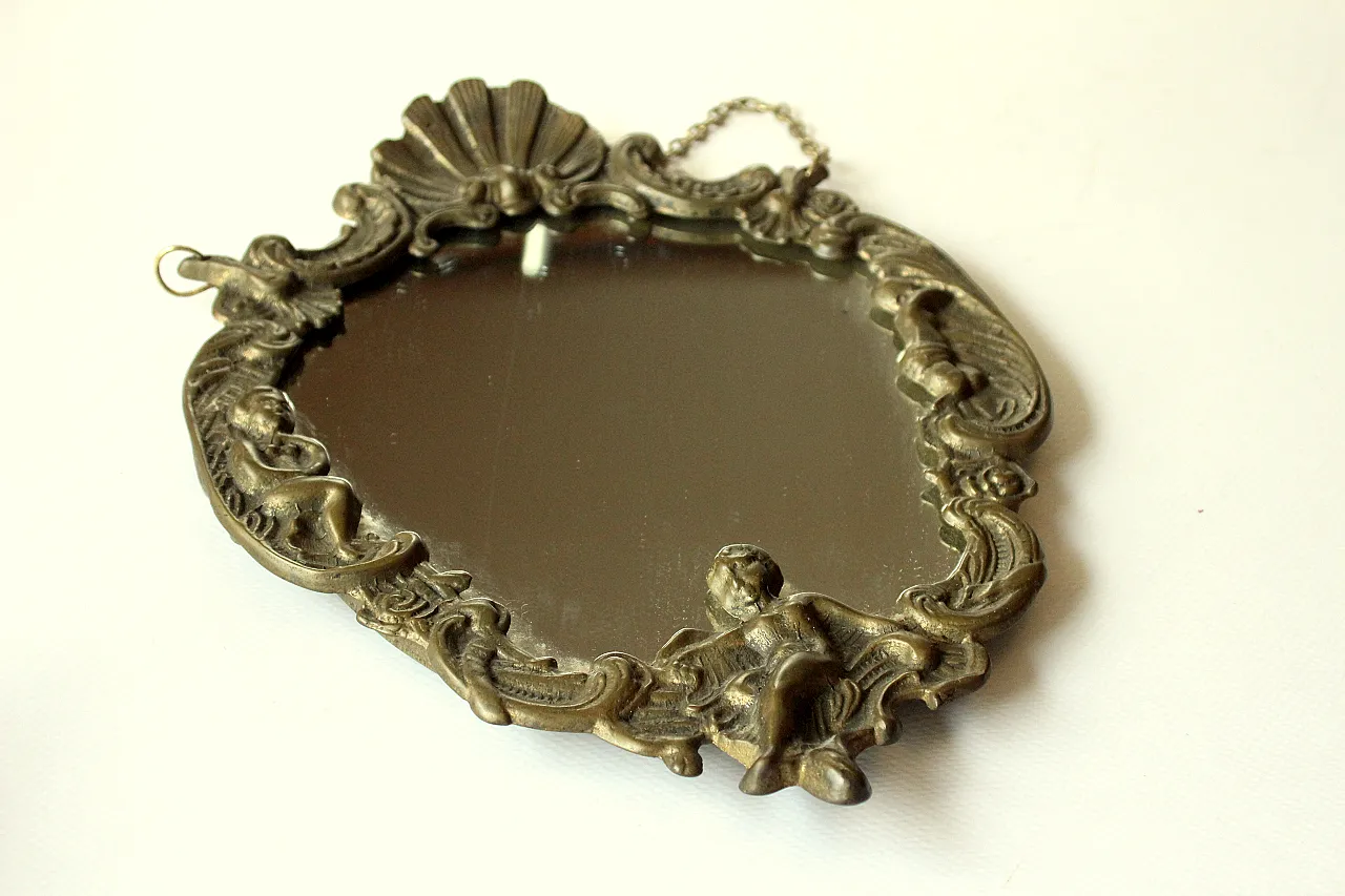 Piccolo specchio da parete in ottone e legno, anni '50 3