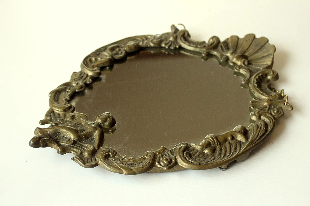 Piccolo specchio da parete in ottone e legno, anni '50 4