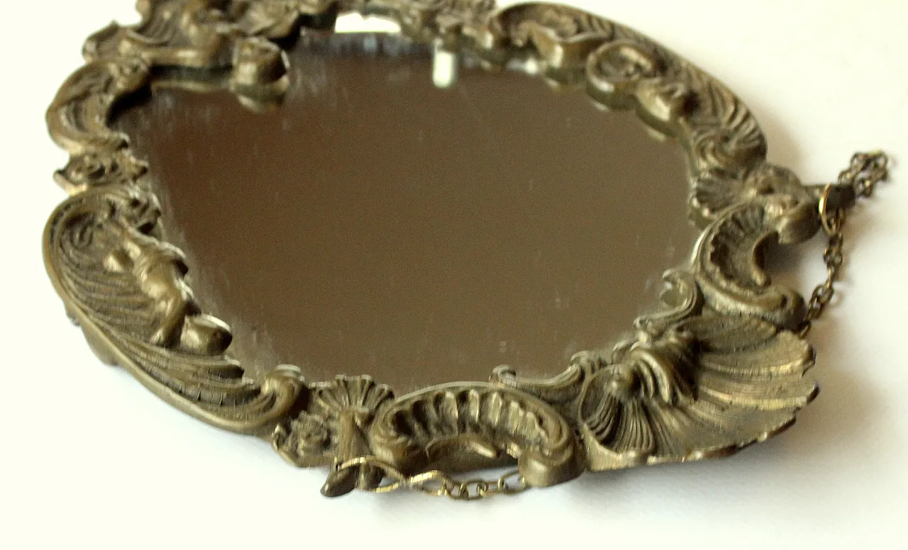 Piccolo specchio da parete in ottone e legno, anni '50 5