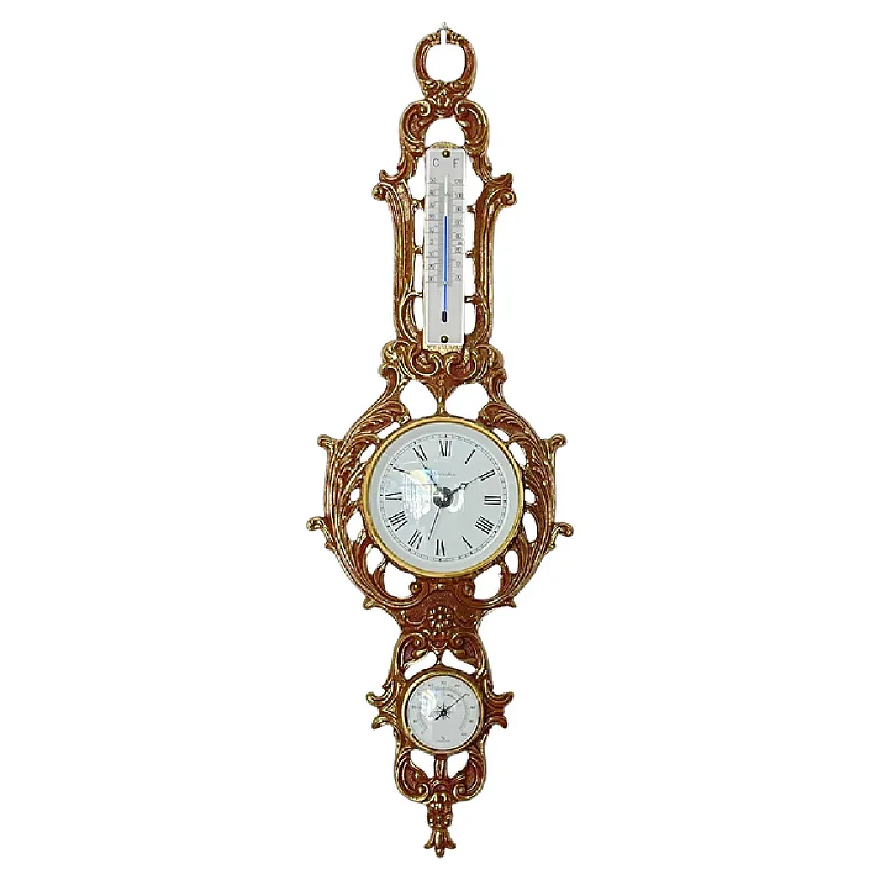 Clock with Barometer and Thermometer in Golden Baroque Style, 20th c. 1