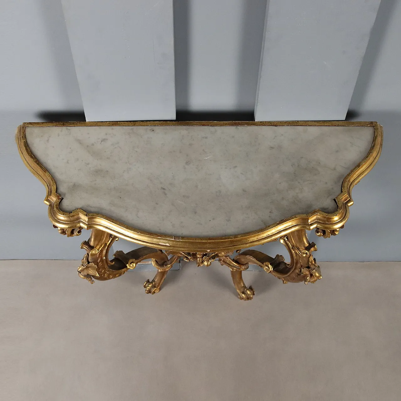 Carved and gilded wooden console table with marble top, 20th century 9