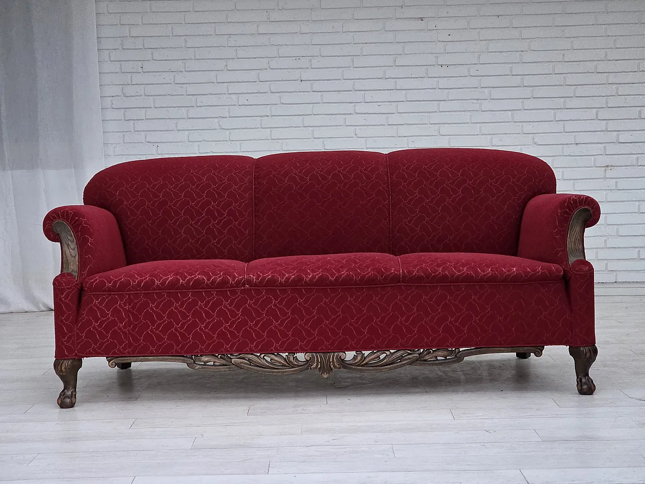 Danish 3-seater sofa, wool, carved oak wood, 1950s 1