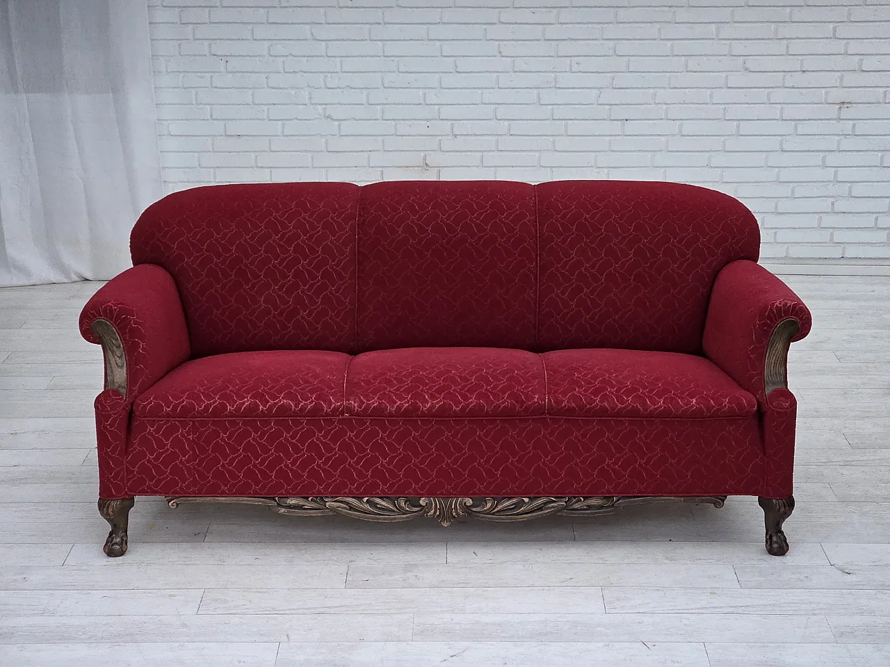 Danish 3-seater sofa, wool, carved oak wood, 1950s 2