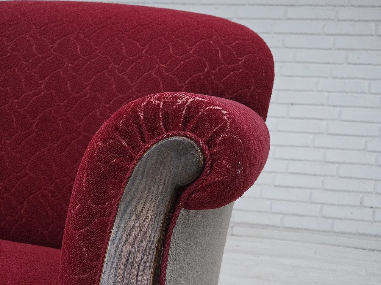 Danish 3-seater sofa, wool, carved oak wood, 1950s 3