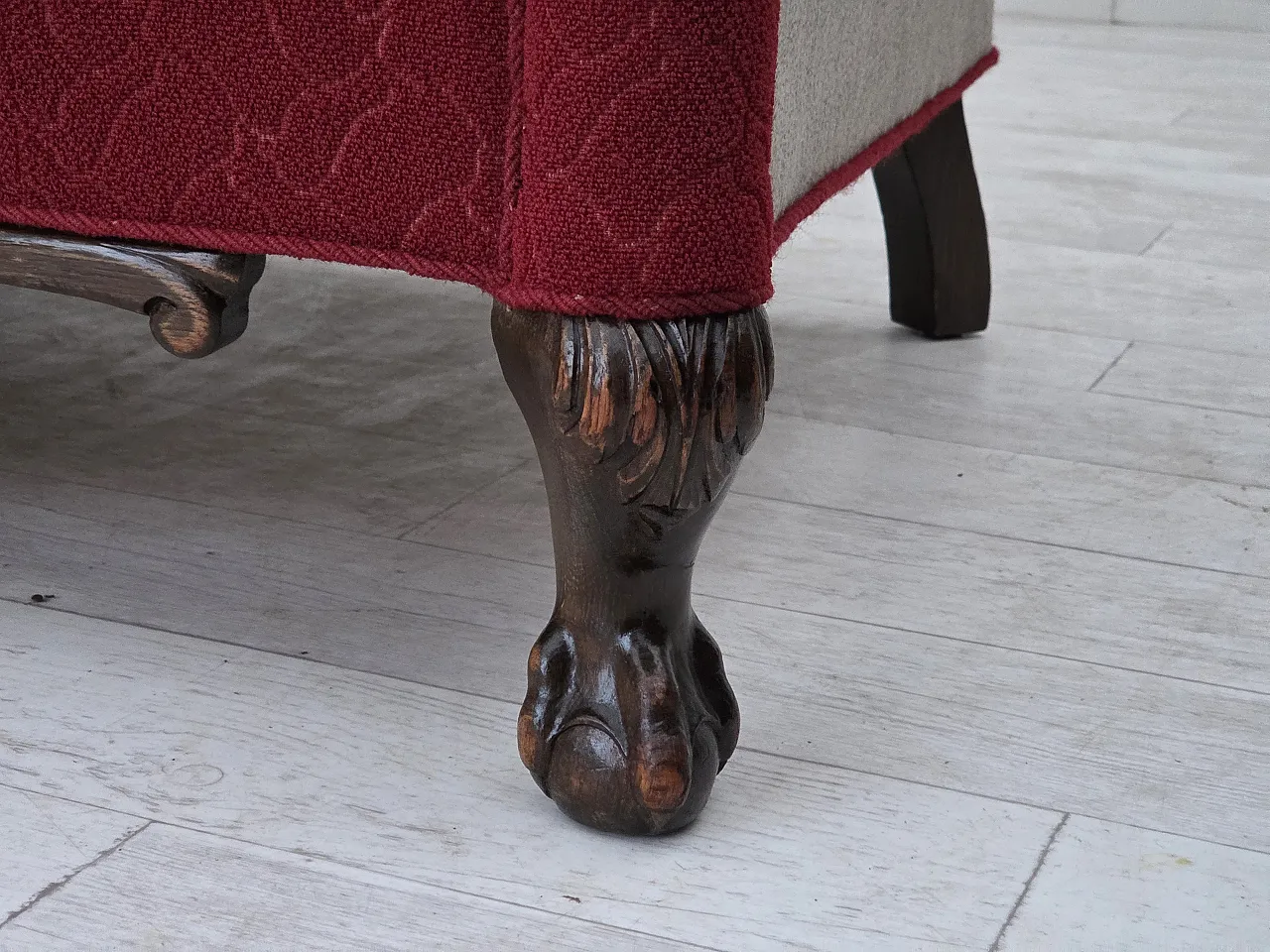 Danish 3-seater sofa, wool, carved oak wood, 1950s 4