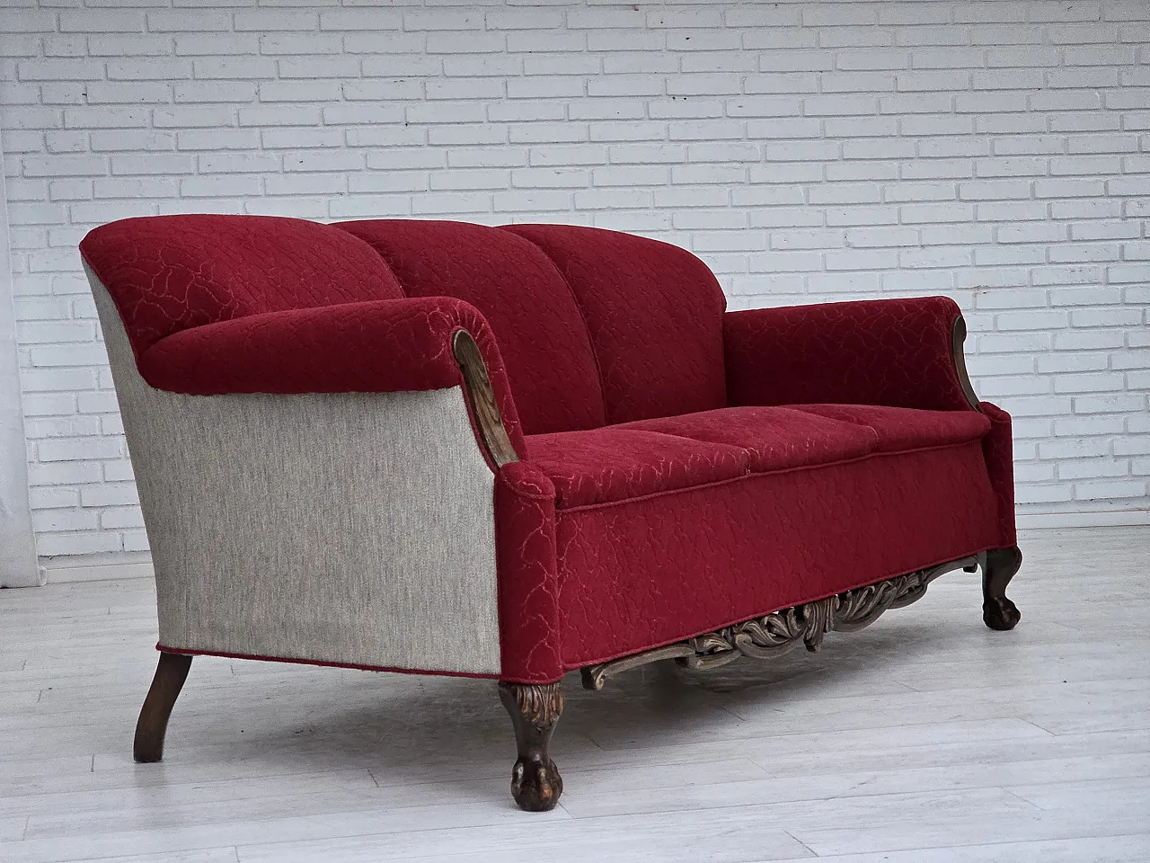 Danish 3-seater sofa, wool, carved oak wood, 1950s 5