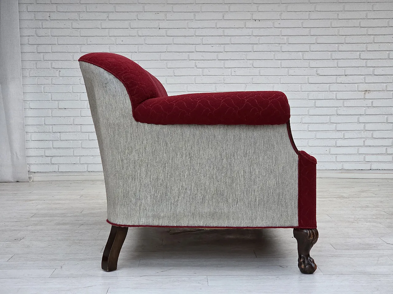 Danish 3-seater sofa, wool, carved oak wood, 1950s 7