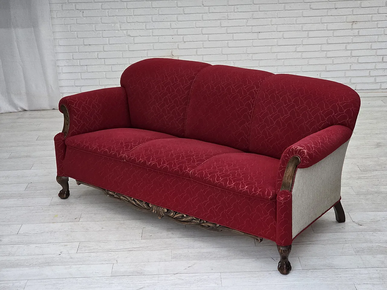 Danish 3-seater sofa, wool, carved oak wood, 1950s 16