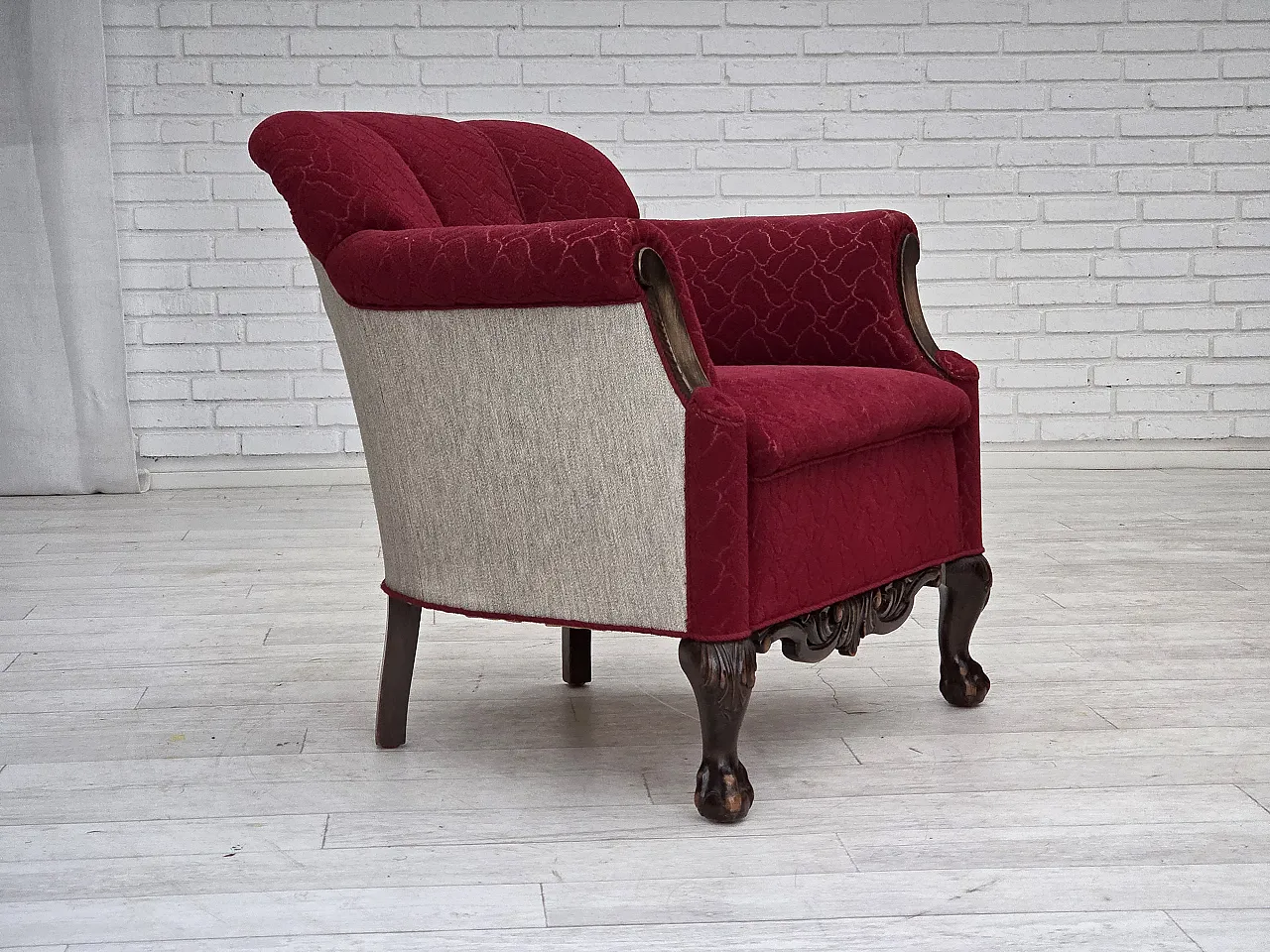 Danish armchair, wool, carved oak wood, 1950s 1