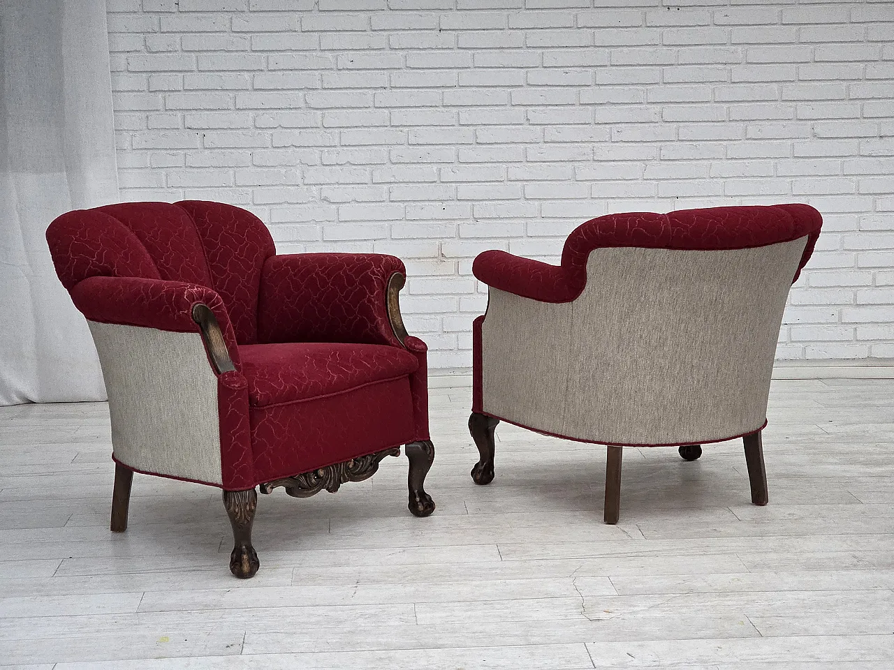 Danish armchair, wool, carved oak wood, 1950s 4