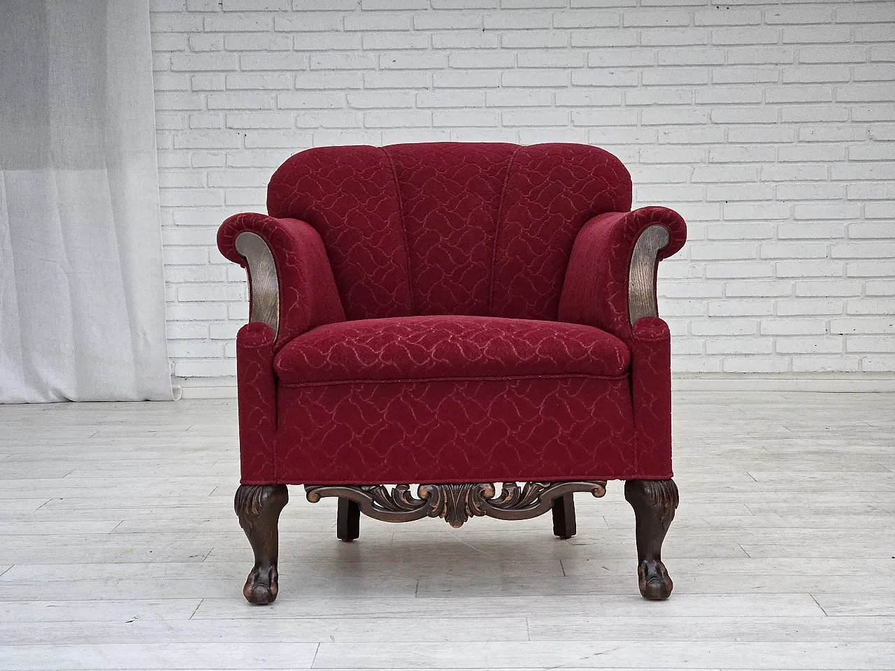 Danish armchair, wool, carved oak wood, 1950s 5