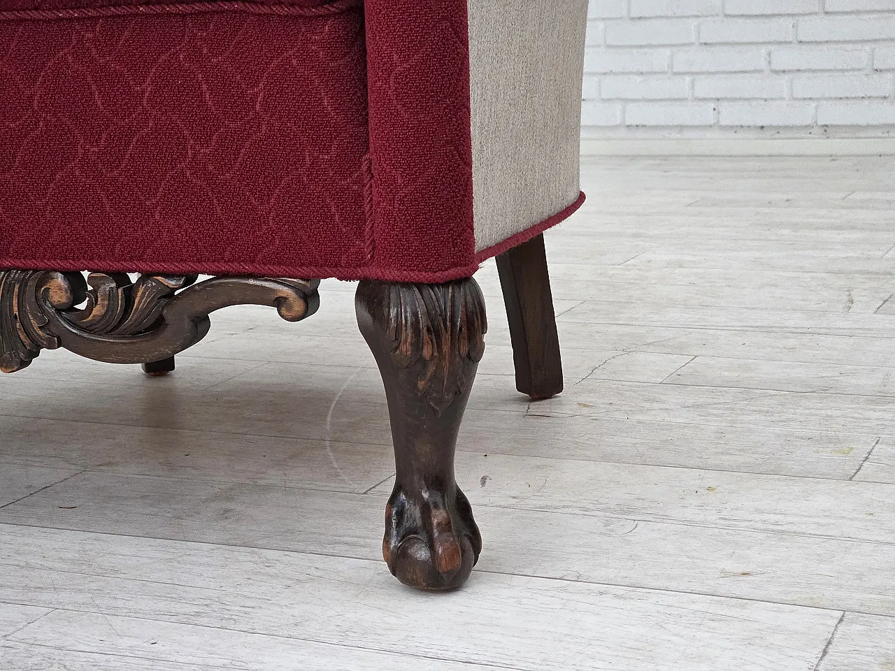 Danish armchair, wool, carved oak wood, 1950s 7